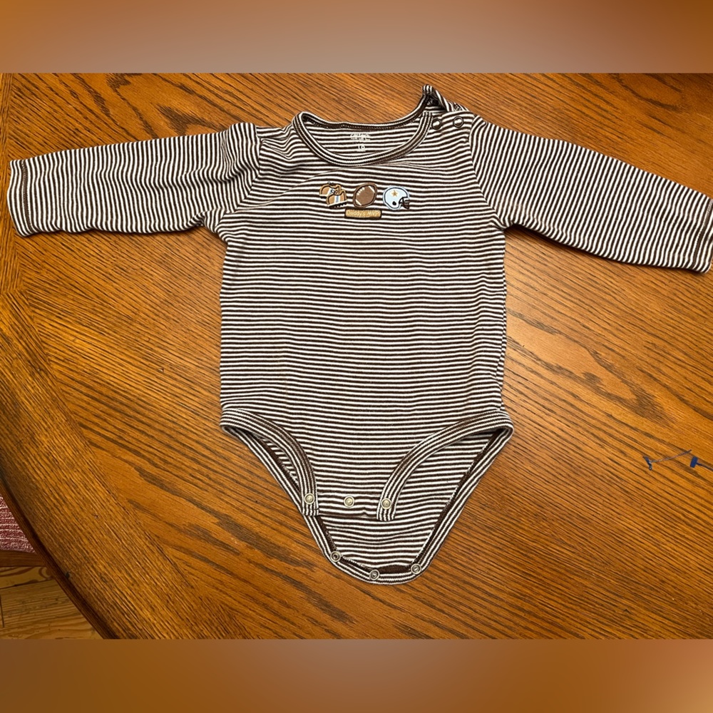 Boys onesie brown and white strips with football